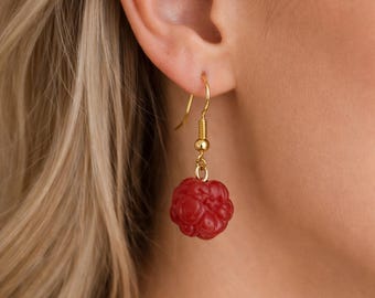 Handmade Raspberry Earrings – Artisan Hand-Formed Jewelry, Botanical Drops, realistic berry