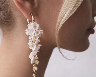 Wedding Earrings with White Flowers | Elegant Long Handmade Earrings | Bridal Jewelry