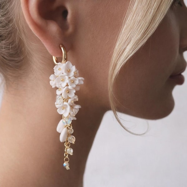 Wedding Earrings with White Flowers | Elegant Long Handmade Earrings | Bridal Jewelry