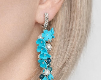 Elegant Handmade Tassel Earrings with Pink Flowers – 8cm Fringe, Beaded Details, Unique Statement Jewelry