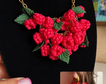 Raspberry Jewelry Set, Necklace and Earrings: Raspberry set, PolymerClay Jewelry, Handmade Berry Jewelry, one-of-a-king
