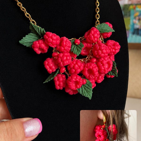 Raspberry Jewelry Set, Necklace and Earrings: Raspberry set, PolymerClay Jewelry, Handmade Berry Jewelry, one-of-a-king
