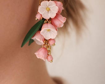 Lily of the Valley Pink Earrings Handmade, White Flower Earrings, Polymer Clay Earrings, Flower Jewelry, Bridal Earrings, Gift for Her