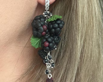 Blackberry Dangle Earrings, Handmade Polymer Clay Berry Jewelry, Statement Long Earrings, Nature Inspired Gift for Her