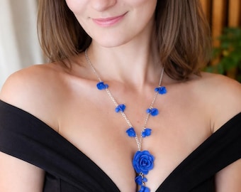 Blue Rose Necklace, Floral Polymer Clay Jewelry, Statement Pendant Necklace, Handmade Flower Jewelry, Romantic Gift for Women
