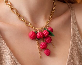 Realistic Raspberry Necklace, Berry Statement Necklace, Red Fruit Jewelry, Handmade PolymerClay Raspberry, Cottagecore Summer Jewelry