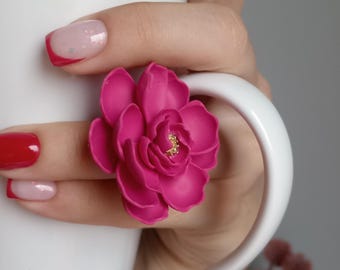 Handmade Peony Flower Rin Polymer, Clay Floral Jewelry Botanical Ring Adjustable Gift for Her Nature Inspired
