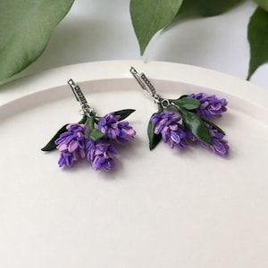 Lavender Clay Dangle Earrings - Detailed Floral Hoops with Purple Flowers - Botanical Lover Gift - Unique Handmade Earrings