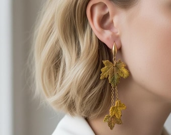 Autumn Leaf Earrings – Handmade Polymer Clay Jewelry, Boho Style Dangle Earrings, Nature Inspired Fall Earrings, Gift for Her