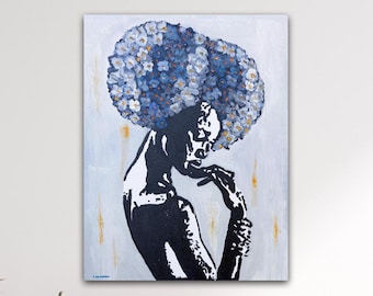 African American Woman Canvas Print, Floral Hairstyle, Black and White Art