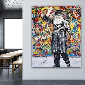 Original oil graffiti painting, handmade Signed extra large artwork, colorful wall art Canvas,rebbe dancing wall art,home decor street art