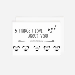 Carte à gratter 5 choses que j'aime chez vous|Anniversaire | Carte | Mari | femme | Petite amie | petit ami | amour | carte d'anniversaire | carte de saint valentin