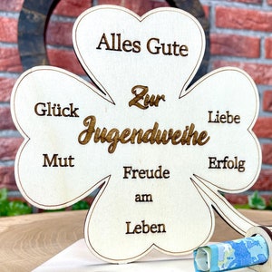Kleeblatt zur Jugendweihe handgefertigt aus Holz - Glück, Liebe & Erfolg im Leben Lebenswende Liebevolle Geschenke Besonderes Geschenk