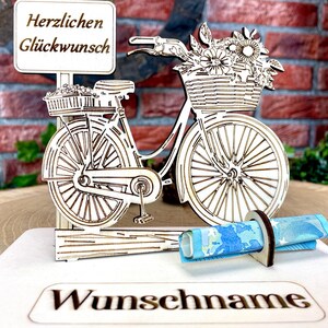 Fahrrad – Dein personalisiertes Damenrad-Geldgeschenk aus Holz mit Blumenkorb Geld Karte Box Holzschild zum Verschenken Bilder Outdoor #3