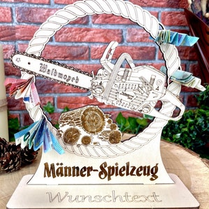 Holz-Kettensäge für Geldgeschenke: Personalisiertes Männergeschenk mit Wunschtext für den besten Mann Holzdeko für Männer Präsent Holzdesgn