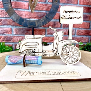 Simson Schwalbe Geldgeschenk aus Holz – Personalisiertes Männergeschenk Motorrad Geschenkidee aus Holz zur Hochzeit Geburtstag
