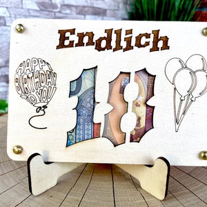Geldgeschenk Endlich 'Endlich 18' Geschenkideen Holz Bilder Schilder Geburtstag Geburt Schulabschluss Abenteuer Outdoor