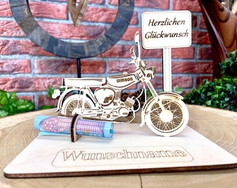 Simson S51 Holzmodell – Geldgeschenk Moped | Personalisiertes DDR Geschenk für Männer und Oldtimer Fans