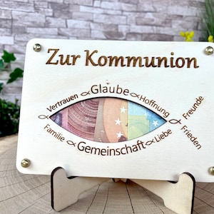 Geldgeschenk "Zur Kommunion" Geschenkideen Holz Bilder Schilder Konfirmation Jugendweihe Geldkarte Geld verpacken Verschenken