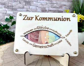 Geldgeschenk "Zur Kommunion" Geschenkideen Holz Bilder Schilder Konfirmation Jugendweihe Geldkarte Geld verpacken Verschenken