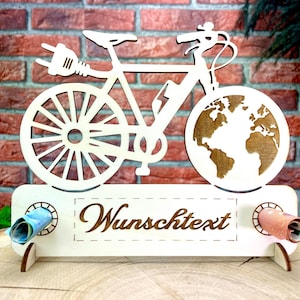 Fahrrad E-Bike Welt - Persönliches E-Bike Geldgeschenk mit Weltmotiv aus Holz - Individuell mit Wunschtext. Geschenkideen Rennrad Moutenbike