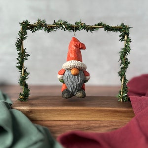 Hand-Carved Santa Gnome Ornament | Unique Christmas Decoration | Collectable Hand-Painted Ornament | 3.75&quot; Tall