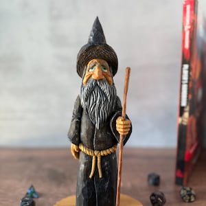 Hand Carved Wooden Wizard Figurine – 10&quot; Tall – Fantasy & Tabletop Gaming Decor