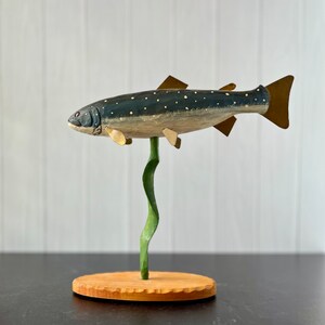 Handcrafted Wooden Fish Sculpture on Stand - 9" Tall, Artistic Home Decor