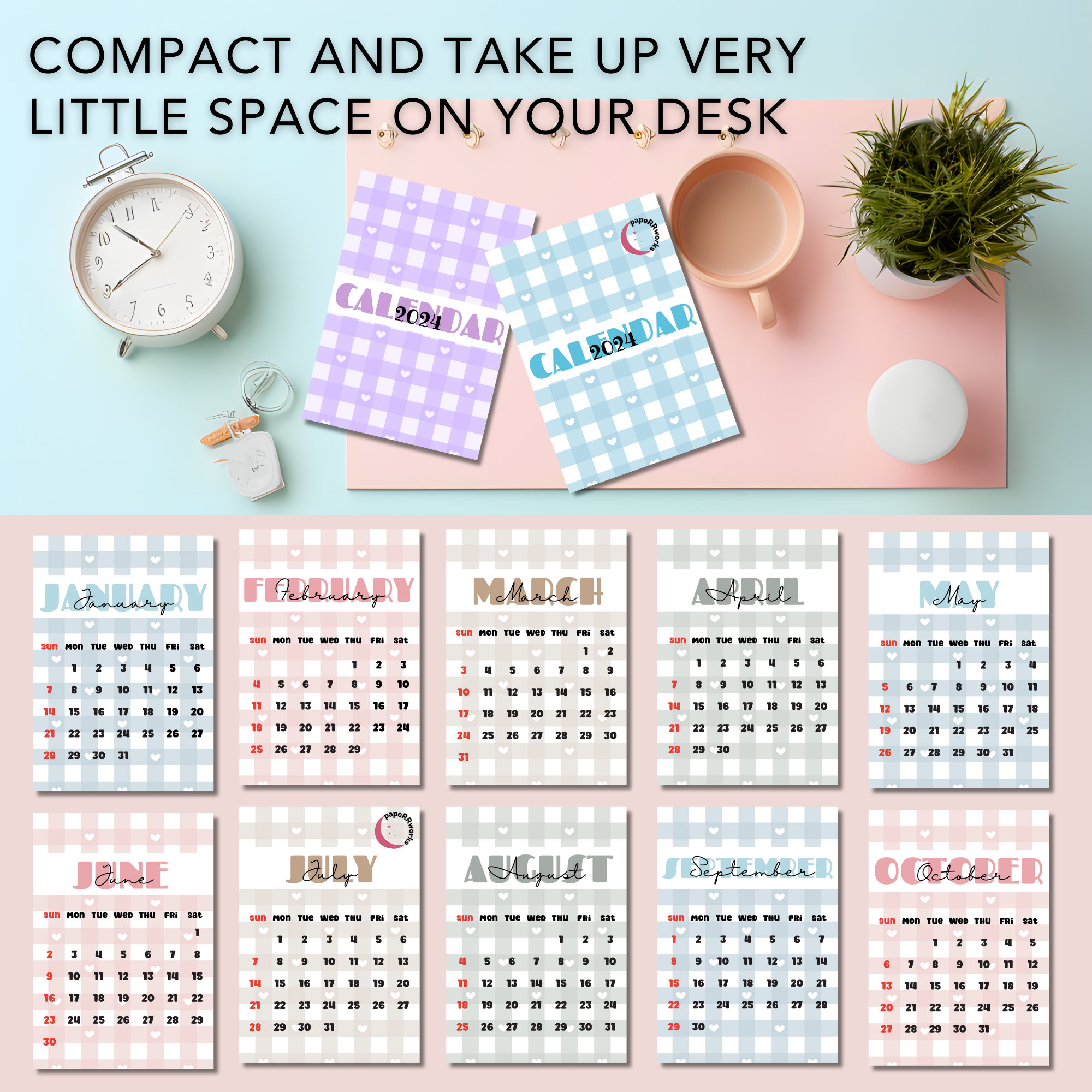 Mini Desk Calendar, Printable Desk Calendar, Desk Calendar 2024 ...
