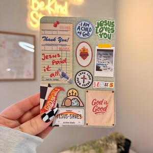 Christian Kindle Insert | Jesus Paid It All Collage | Faith Based Bookish Decor with Scripture & Retro Patches