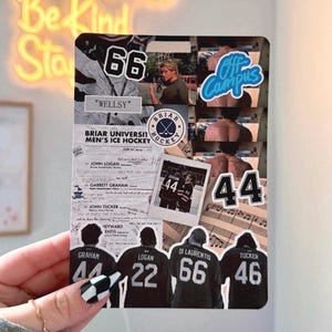 May include: A rectangular collage card featuring Briar University ice hockey imagery, including player names like Graham, Logan, and Tucker, jersey numbers 66, 44, 22, and 46, a polaroid-style photo, the Off Campus logo, and text detailing team rosters.