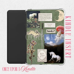 May include: A Kindle insert with a collage of fairy tale imagery. The design includes a white unicorn, a rabbit, a sword, a mushroom, and the text "books?" and "ONCE UPON A Kindle". The words "Kindle Insert" are printed vertically.