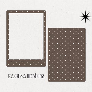 May include: A brown rectangular frame with a white polka dot pattern and a matching solid brown rectangular sheet featuring the same white polka dot pattern. The text PAGESANDBINDS is printed in black below the frame, and a black star icon is present.