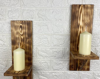 Prateleiras rústicas, arandela rústica, porta-velas de madeira, prateleiras de madeira, prateleiras de parede, prateleiras, arandelas artesanais, conjunto de duas prateleiras rústicas