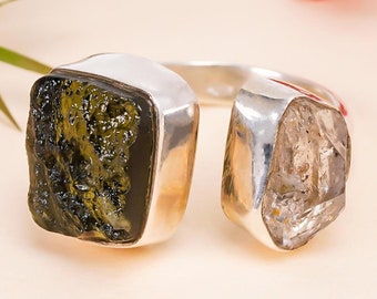 Moldavite Ring 925 Sterling Silver Handmade Ring Green Raw Moldavite, herkimer diamond Ring for Gift Unique moldavite rough Gemstone Ring