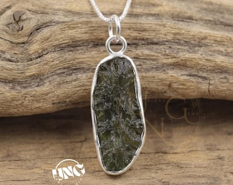 Green Raw Moldavite Pendant, Handmade 925 Sterling Silver Rough Gemstone Jewelry