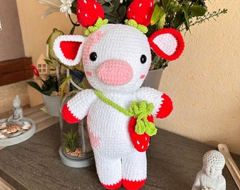 VACHE PELUCHE CROCHET, Crochet peluche vache amigurumi 50 cm avec petit sac fraise | Cadeau, Anniversaire, Enfant, Adulte