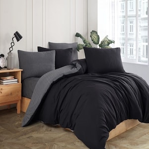 Ensemble housse de couette en coton gris noir, ensemble de literie naturel élégant, ensemble de couvre-lit moderne, ensemble de housse de couette double face