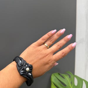 Vintage Black Leather Cuff Bracelet | Handmade Artisan Statement Bracelet | Boho Leather Bangle with Faux Pearl & Glass Beads | Adjustable