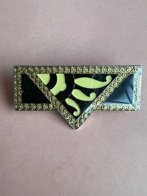 Vintage-Inspired Pierre Bex Style Art Deco Brooch – Black & Gold Geometric Enamel Pin – Retro Statement Jewelry Gift for Her – 5 cm