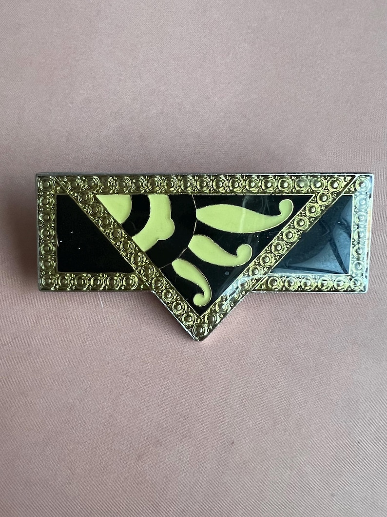 Vintage-inspirierte Art-Deco-Brosche im Pierre-Bex-Stil – Geometrische Emaille-Anstecknadel in Schwarz und Gold – Retro-Statement-Schmuckgeschenk für Sie – 5 cm Bild 1