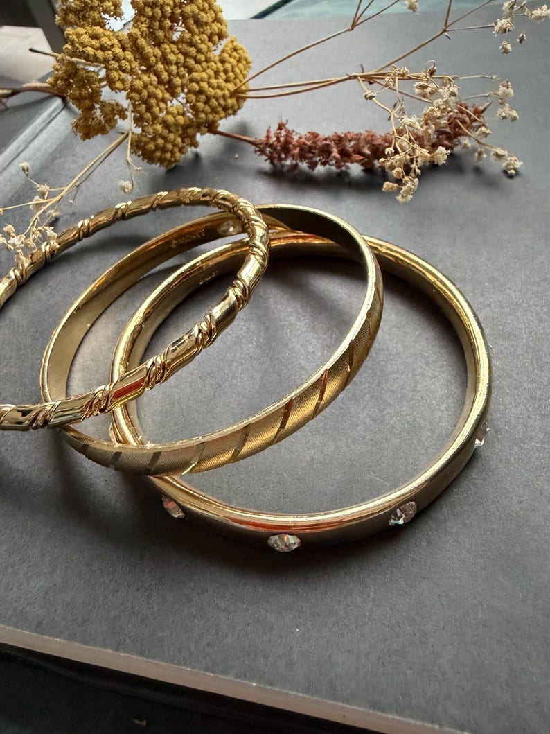 Vintage Monet Gold Tone Bangle Bracelet Set – Textured & Rhinestone ...