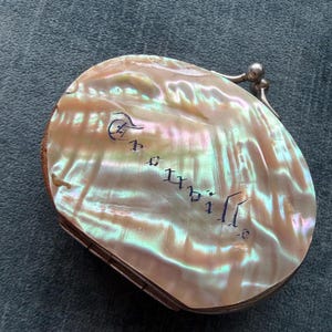 Antique French Mother of Pearl Coin Purse – Granville Souvenir – Victorian Edwardian Shell Wallet with Red Silk Interior