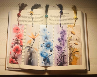 Watercolor Flowers with Beaded Tassel Bookmarks