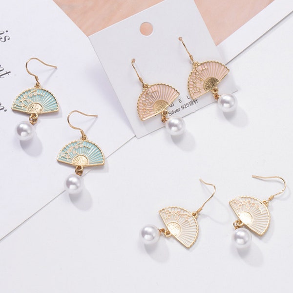 Chinese Classic Traditional Style Folding Fan Faux Pearl Drop Dangle Earrings