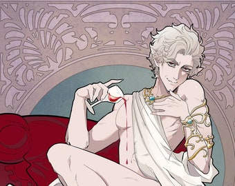 Puede incluir: Una impresión de arte digital de una figura masculina desnuda con cabello blanco, sentada en una silla de terciopelo rojo. Él sostiene un vaso de líquido rojo y lleva un collar y brazaletes de oro. El texto "Art Print" es visible en la esquina inferior derecha de la imagen.