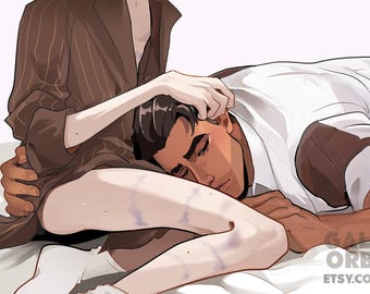 May include: A person with brown hair and a white shirt rests their head on the lap of another person wearing a brown and white striped jacket. The person on the bottom is wearing white pants.