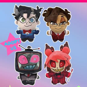 May include: Four plush dolls with cartoon character designs. The dolls have various outfits and facial expressions. The top of the image has the text "RADIOSTATIC PLUSHIES" in pink. The bottom of the image has the text "GALEORB.ETSY.COM".