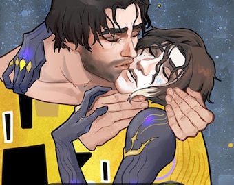 May include: A digital illustration of a couple embracing. The man has dark hair and is wearing a yellow shirt with black and purple accents. The woman has long brown hair and is wearing a yellow shirt with black and purple accents. The background is a dark blue with white stars.