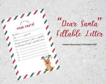 May include: Printable "Dear Santa" letter template with a red and green striped border. The letter includes space to write your name, age, where you live, and a list of Christmas wishes. There are also checkboxes to indicate if you have been nice or naughty this year. A cartoon reindeer illustration is in the bottom right corner.